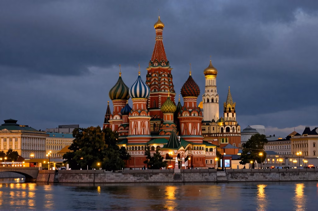 Panorama de Moscou au crepuscule avec la cathedrale Saint-Basile