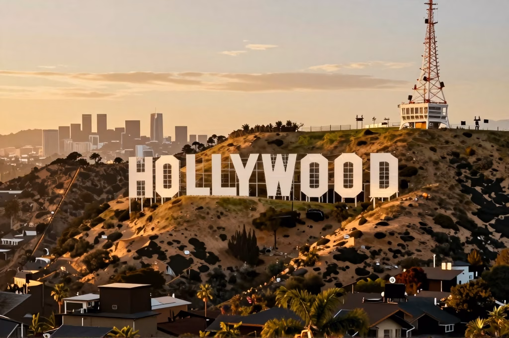 Hollywood sign and Los Angeles skyline representing the US film industry
