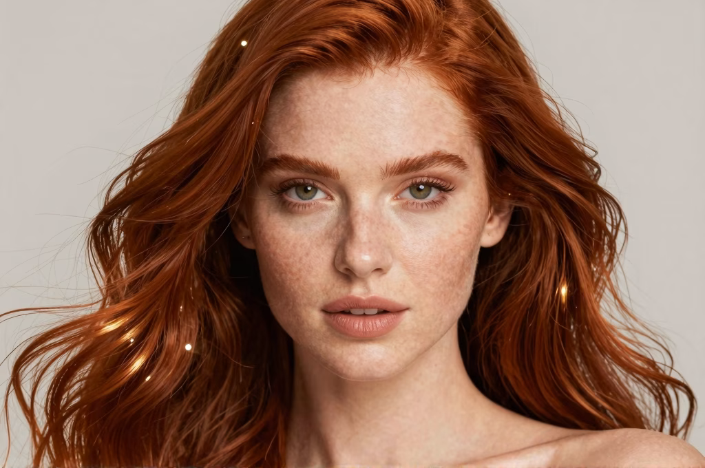 Close-up beauty portrait showcasing radiant red hair with shimmering highlights and professional styling