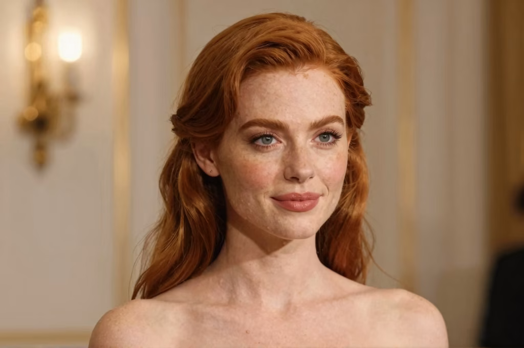 Elegant woman with red hair in sophisticated formal styling with glamorous warm lighting and luxury atmosphere
