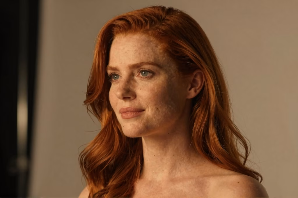 Actress with vibrant red hair in professional cinematic portrait with dramatic golden lighting