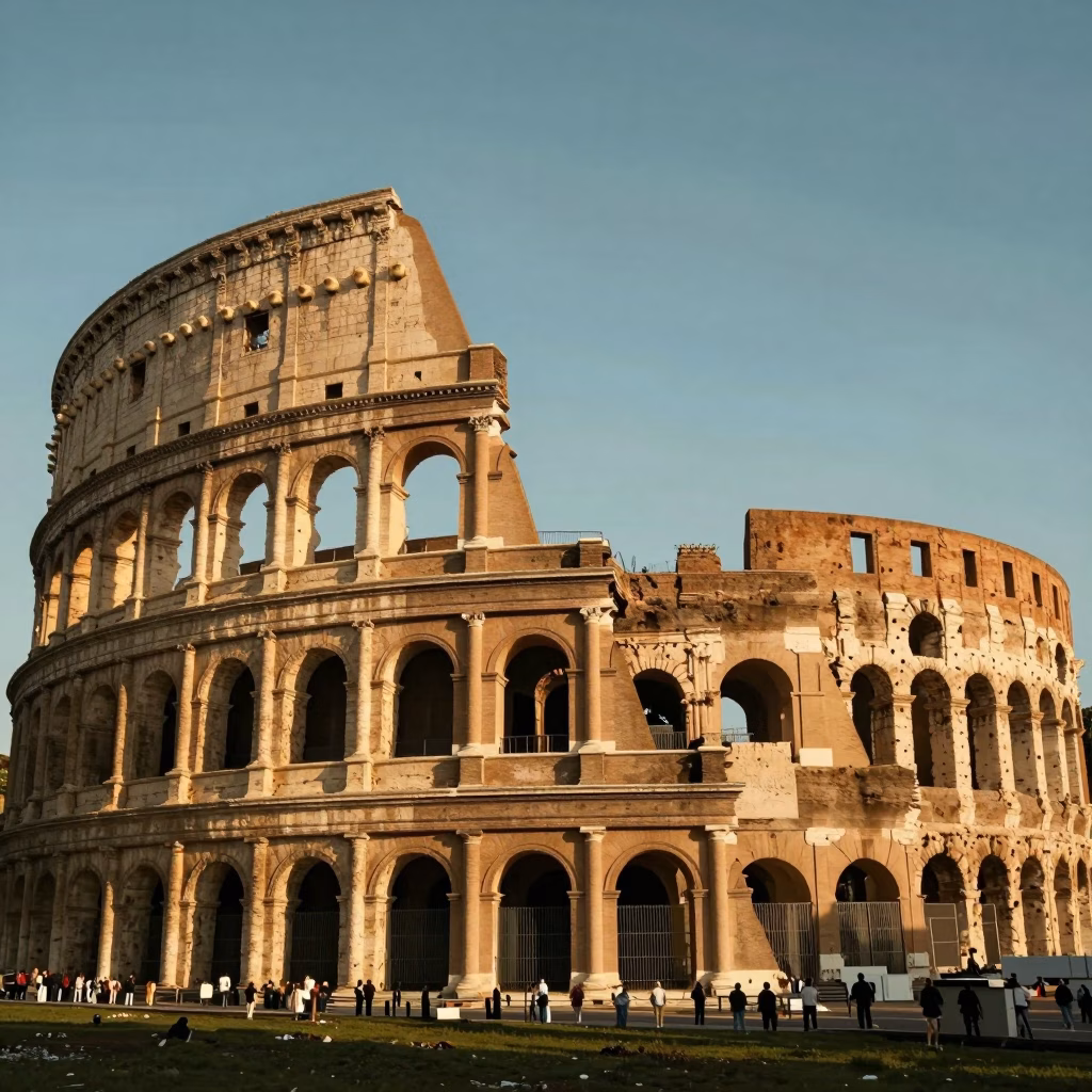 Paysage italien avec le Colosseum de Rome en style cinématographique, lumière dorée