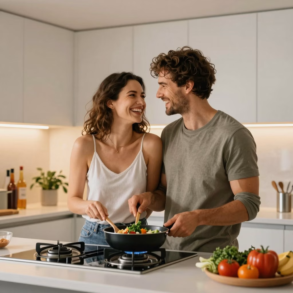 Couple européen cuisinant ensemble dans une cuisine moderne avec une ambiance romantique