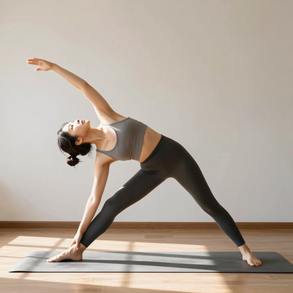 Personne en mouvement dynamique pratiquant le yoga avec lumière naturelle, symbole de force corporelle et bien-être