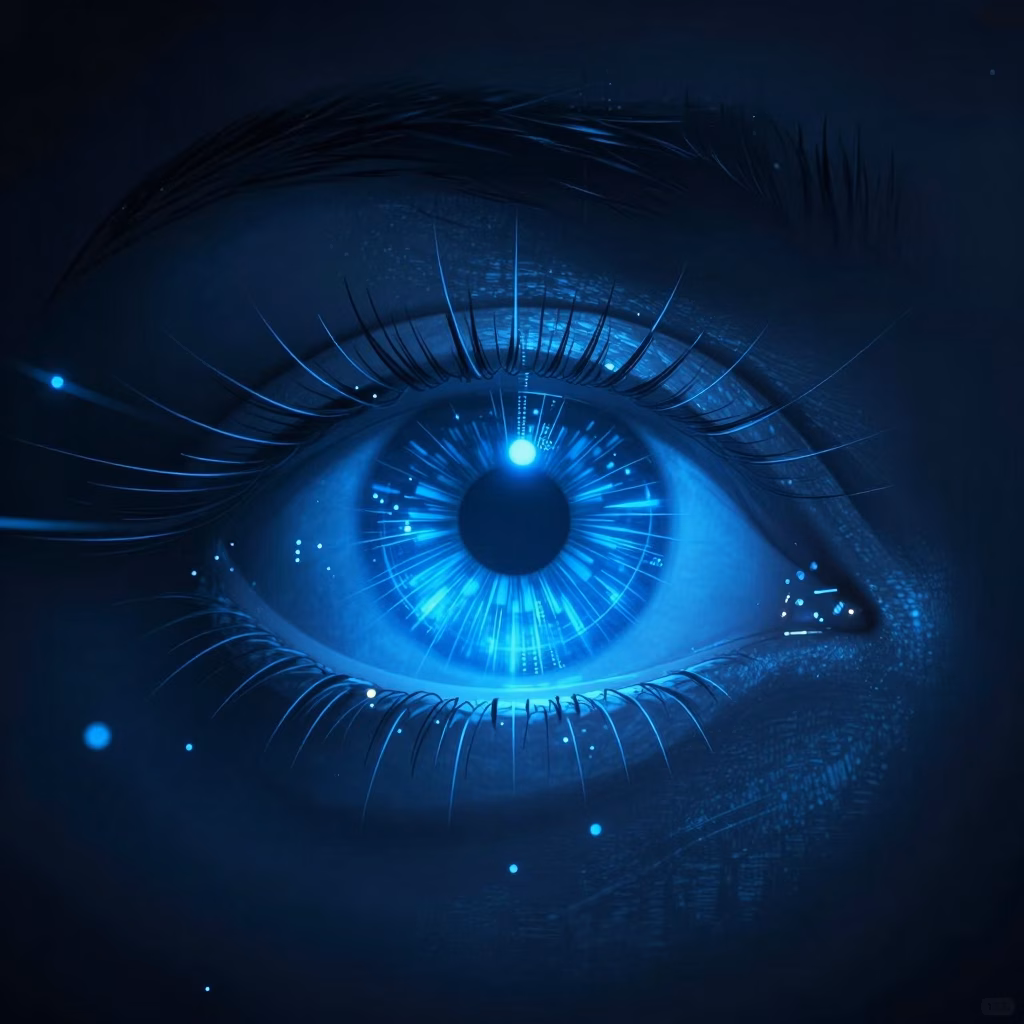 Concept de vie privée numérique avec un oeil digital bleu lumineux sur fond sombre symbolisant la cybersécurité