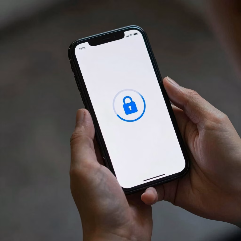 Personne utilisant un smartphone en confidentialite pour communication securisee en ligne