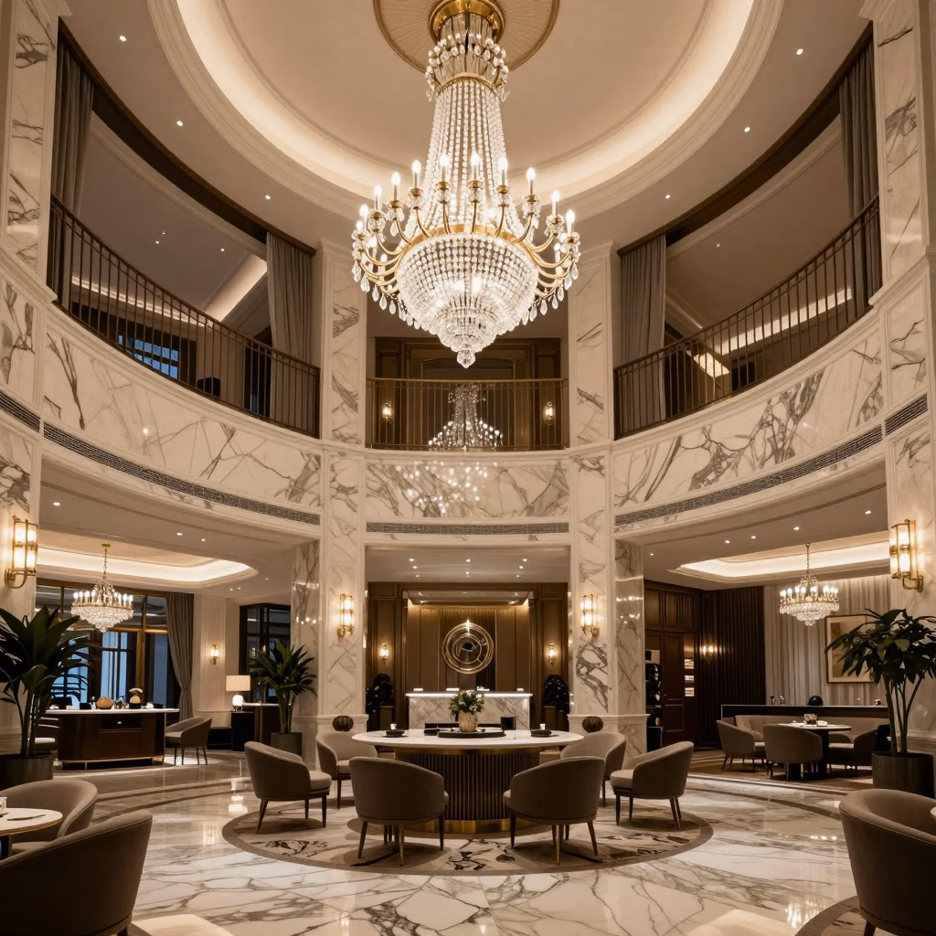 Intérieur luxueux d'un hôtel haut de gamme suisse avec décoration élégante et ambiance sophistiquée