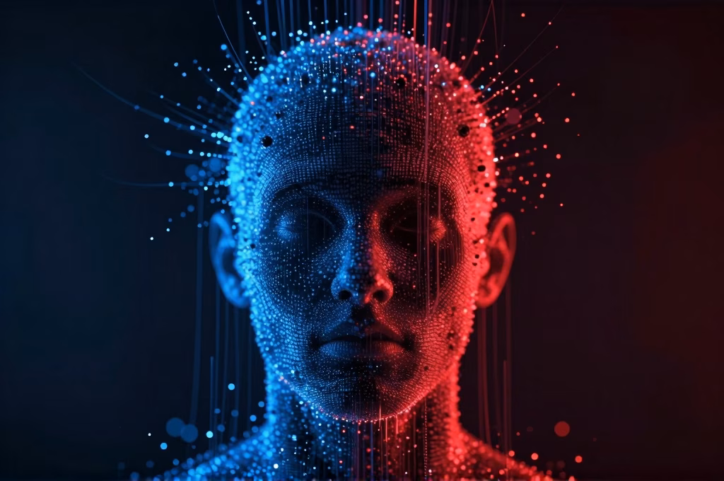Visage humain se dissolvant en particules numériques bleues et rouges - représentation abstraite des deepfakes et de la manipulation IA