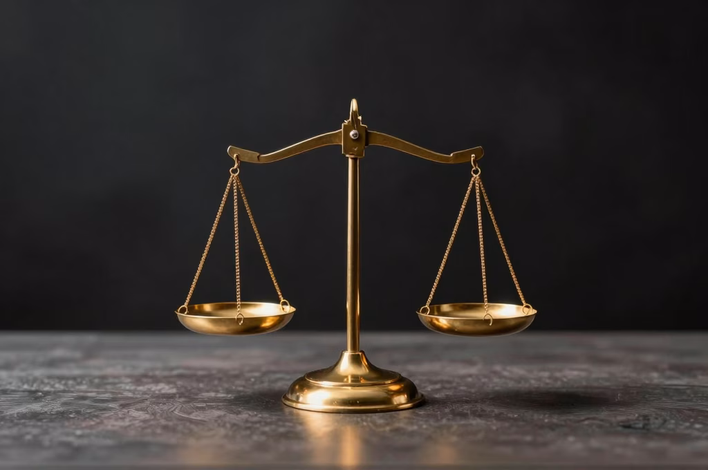 Balance dorée de la justice sur un bureau moderne avec éclairage dramatique - symbolique légale et droits contre les deepfakes