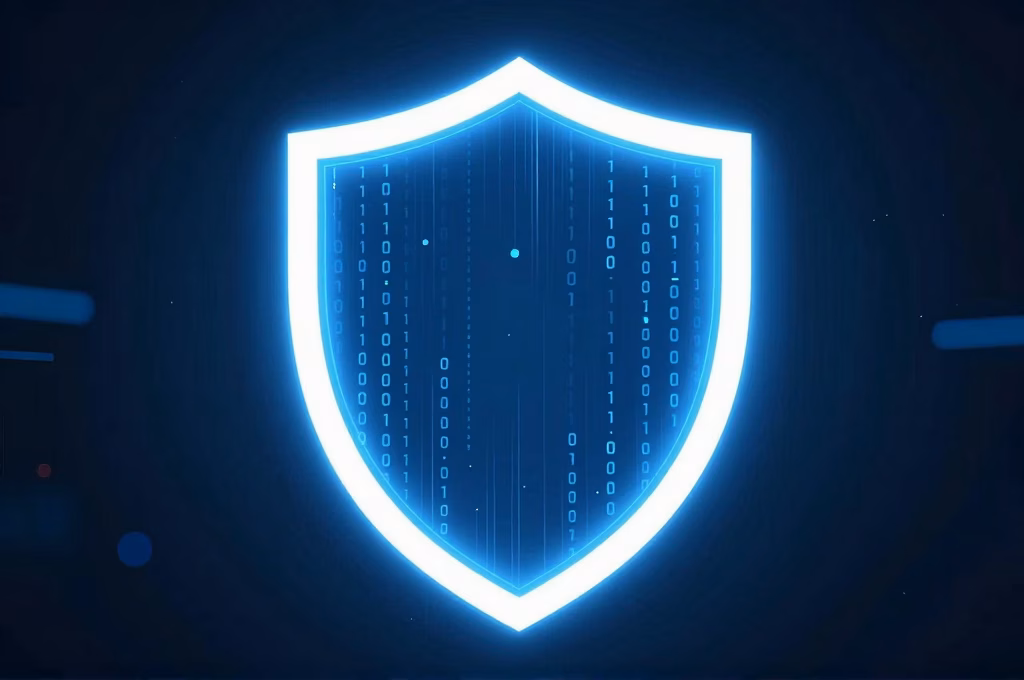 Bouclier numérique brillant en bleu dans un fond sombre - concept de cybersécurité et protection contre les deepfakes