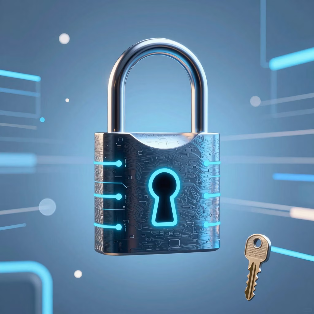 Concept de serrure numerique et cle, cybersecurite, art abstrait moderne pour la protection des donnees