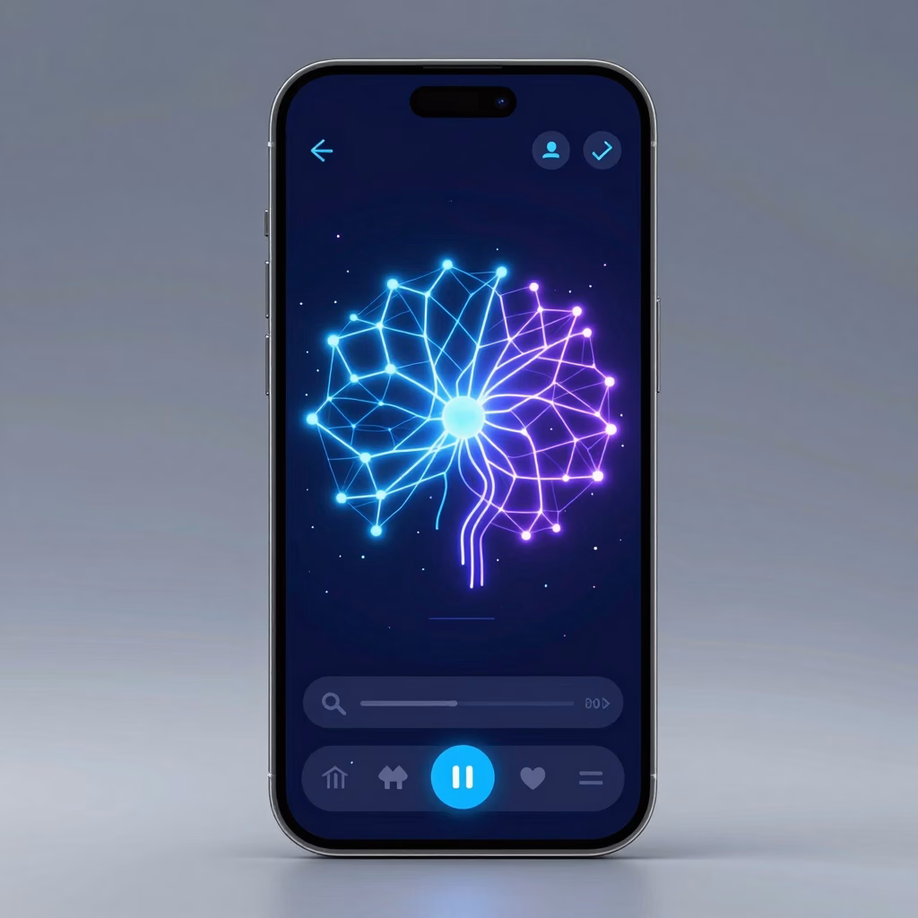 Interface moderne d'un chatbot IA pour la communication numérique, avec motifs de réseau neuronal luminescent