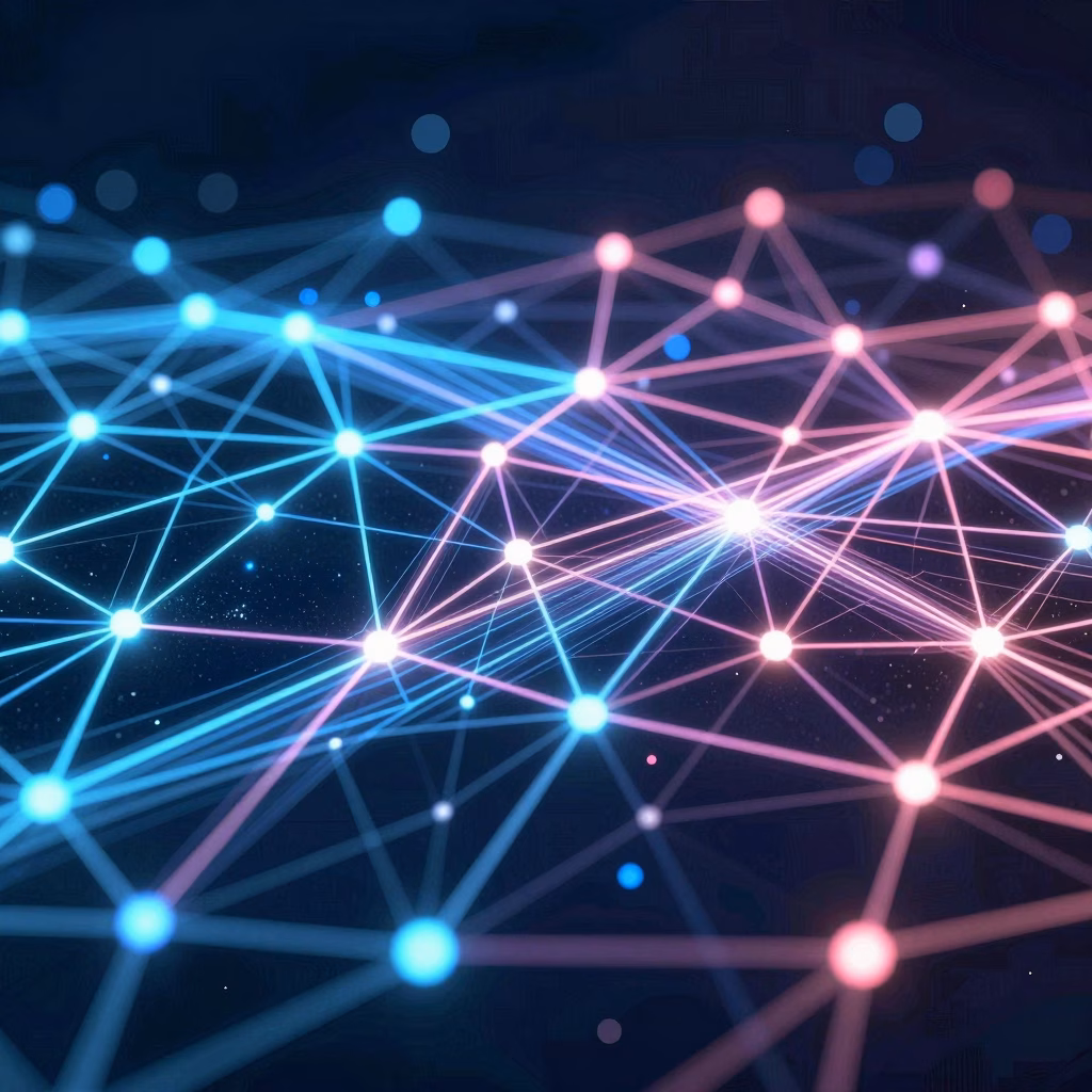 Visualisation abstraite d'un réseau de communication numérique avec noeuds interconnectés et flux de données en style futuriste