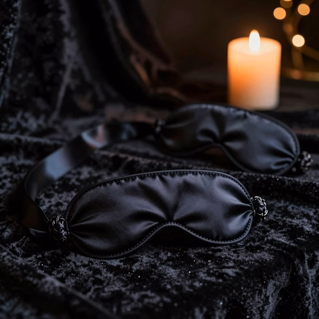 Accessoires BDSM élégants : cordes en soie et bandeau en satin sur velours noir, ambiance intimiste