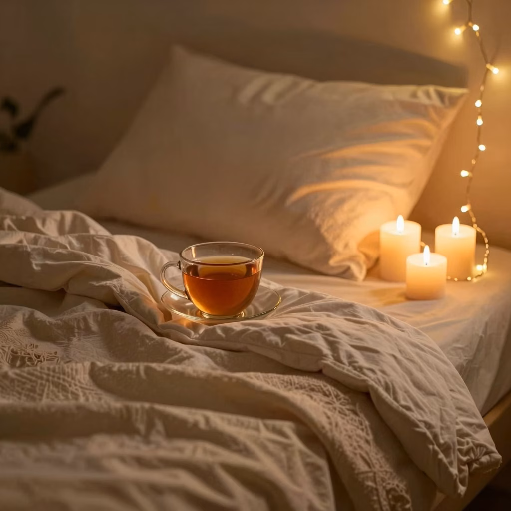 Ambiance aftercare BDSM : couvertures douces, thé chaud et bougies pour le réconfort post-séance
