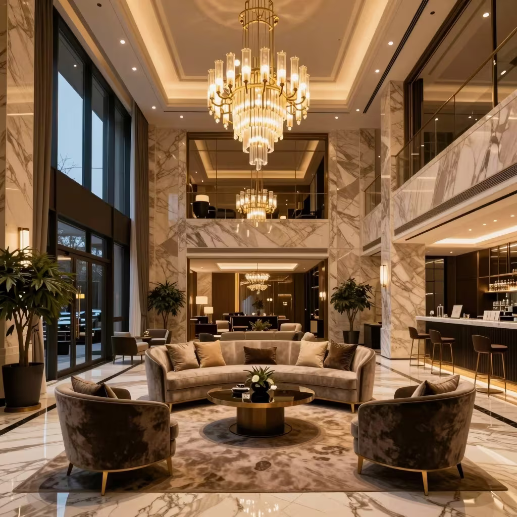 Univers de l'escorting haut de gamme : lobby d'hôtel de luxe avec ambiance sophistiquée et éclairage doré