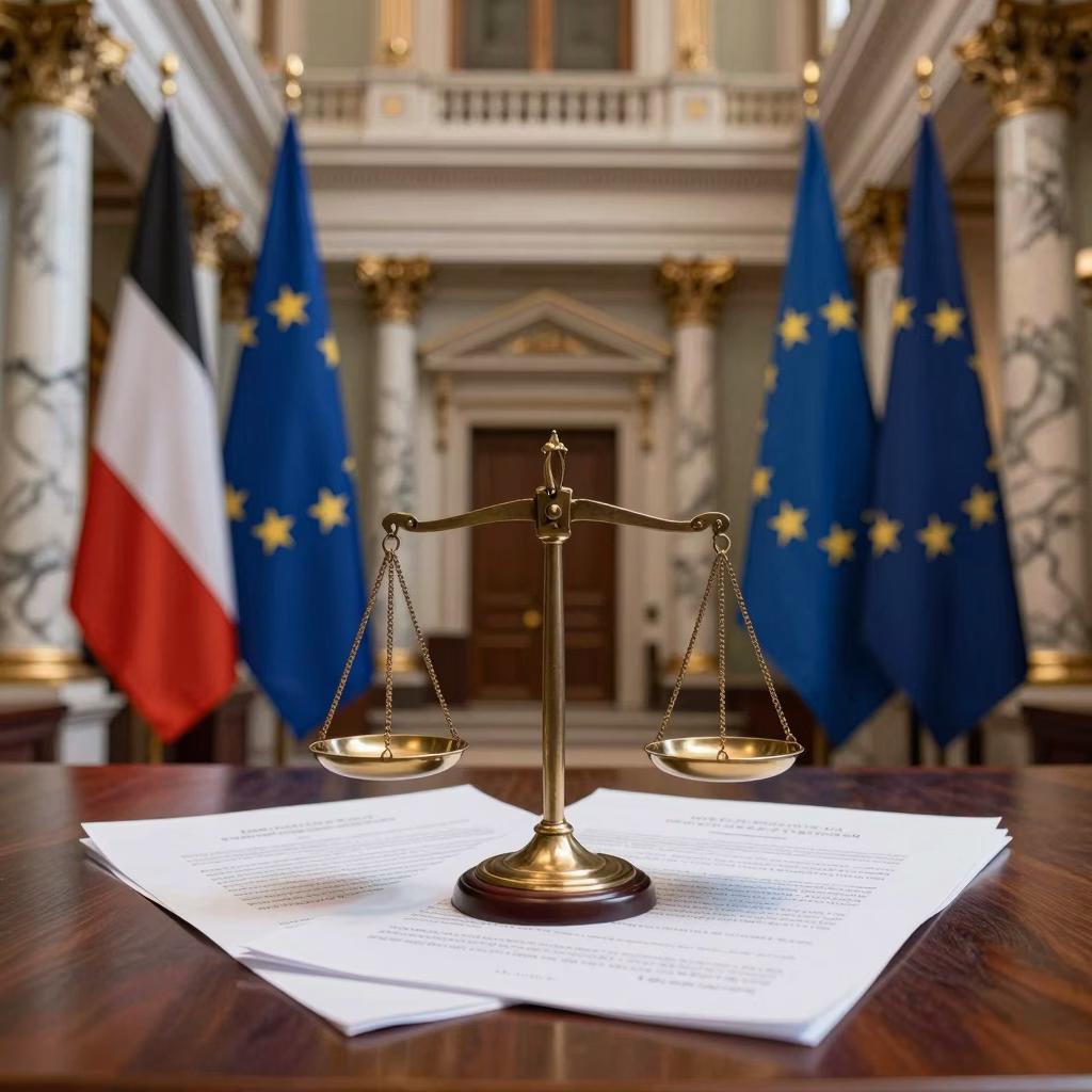 Législation européenne sur l'escorting : balance de la justice et drapeaux européens symbolisant les différents modèles juridiques