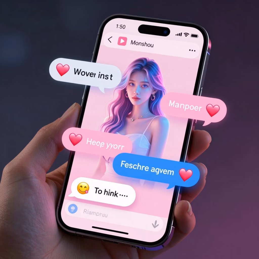 Compagnon virtuel IA sur smartphone avec interface conversationnelle holographique, concept d'AI Girlfriend