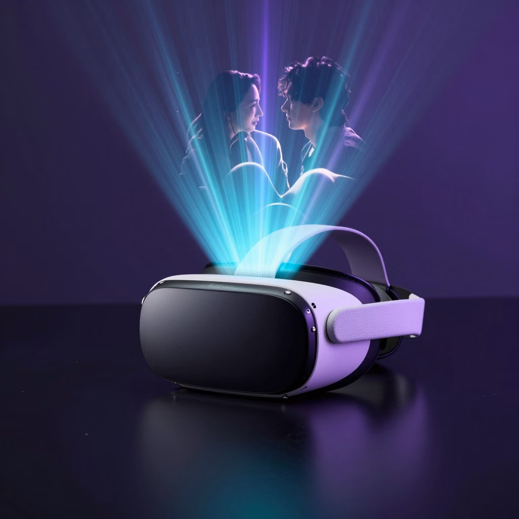 Casque de réalité virtuelle sur surface élégante avec projections holographiques, expérience VR immersive