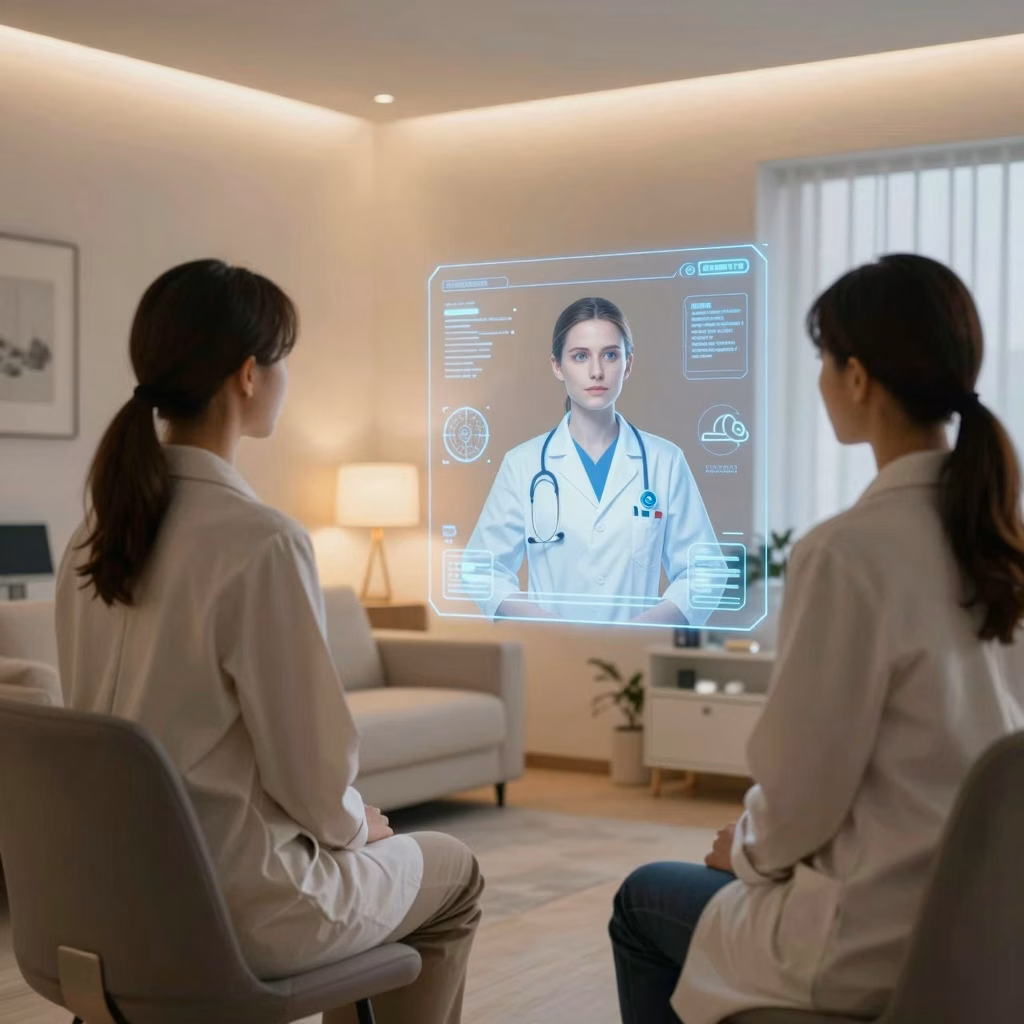 Concept de thérapie sexuelle assistée par intelligence artificielle : interface IA dans un environnement médical moderne