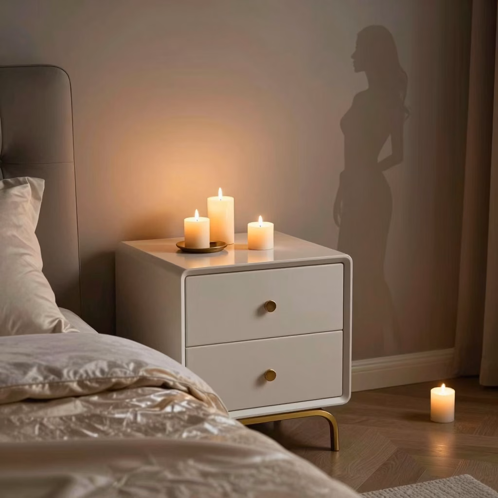 Ambiance intime et romantique avec eclairage tamise et draps en soie