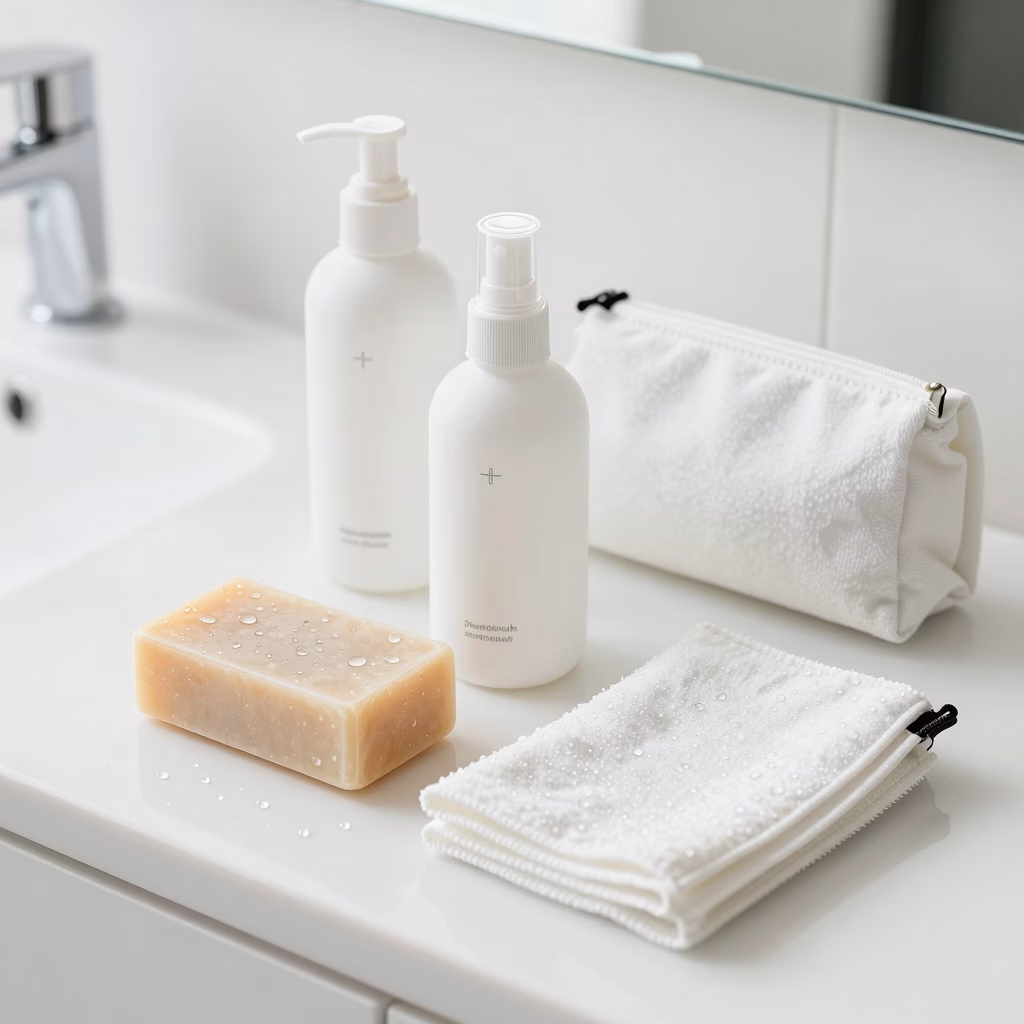 Produits d'hygiène et accessoires d'entretien pour sextoys : savon doux, spray nettoyant et pochette de rangement