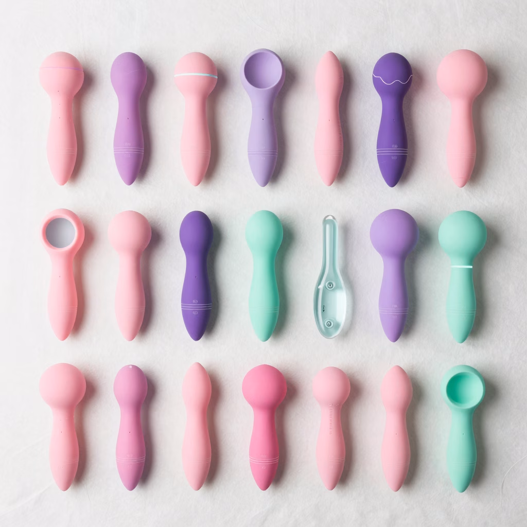 Différents types de sextoys modernes en silicone médical : vibromasseurs, stimulateurs et jouets pour couple