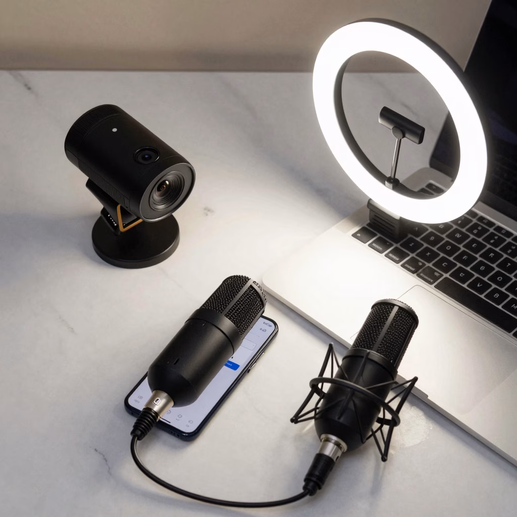 Équipement professionnel pour webcam adulte : caméra, ring light, microphone et setup complet de streaming