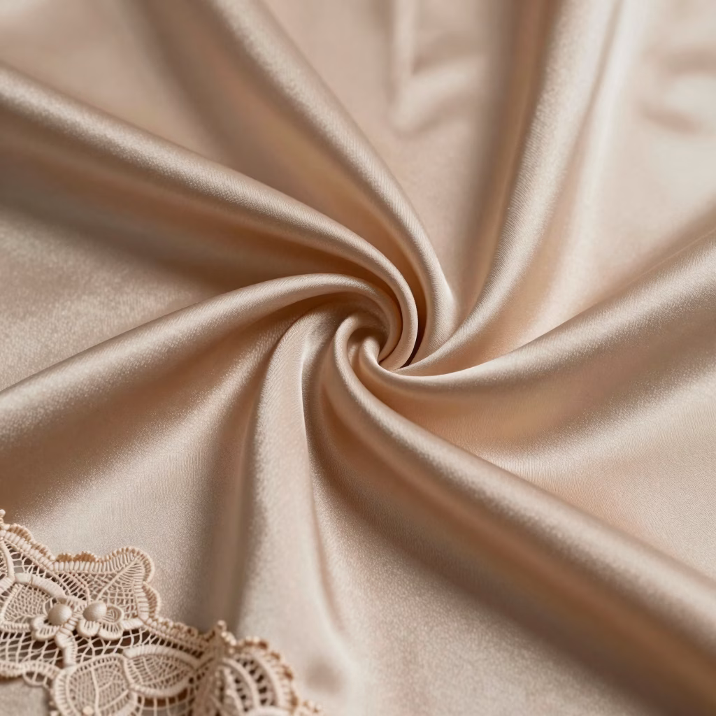 Matieres luxueuses soie dentelle et satin avec plis delicats et surfaces brillantes sous eclairage chaud