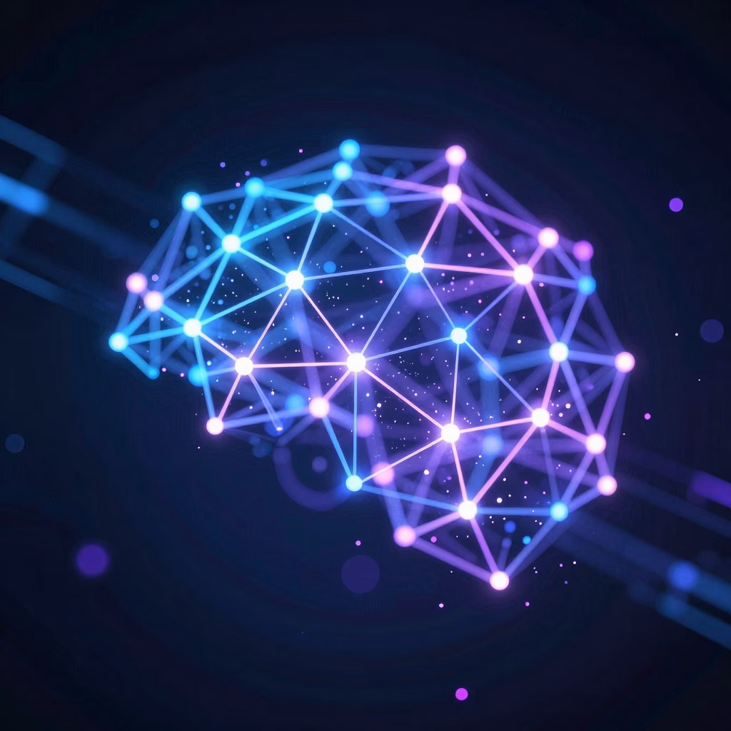 Visualisation abstraite d'un réseau de neurones numériques avec nœuds interconnectés et chemins luminescents
