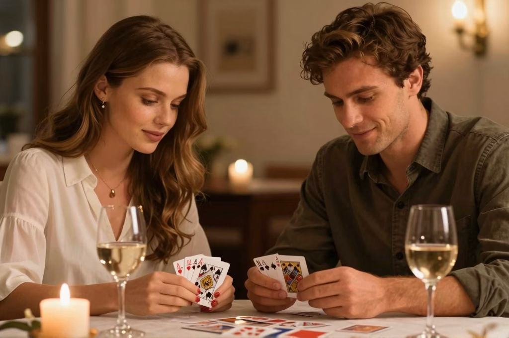 Couple jouant à un jeu de cartes à la chandelle dans une ambiance romantique et intime