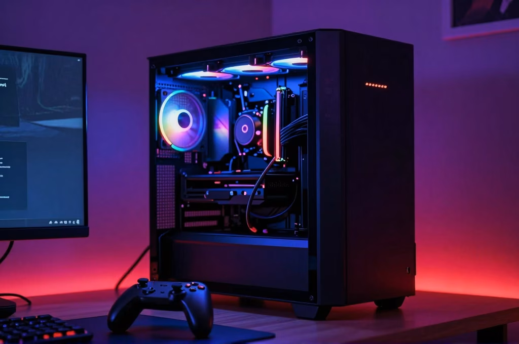 Configuration de gaming avec éclairage RGB ambiant neon dans une ambiance sombre et cinématographique