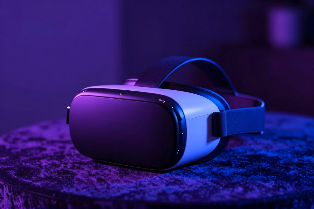 Casque de réalité virtuelle sur surface velours avec éclairage neon bleu et violet futuriste