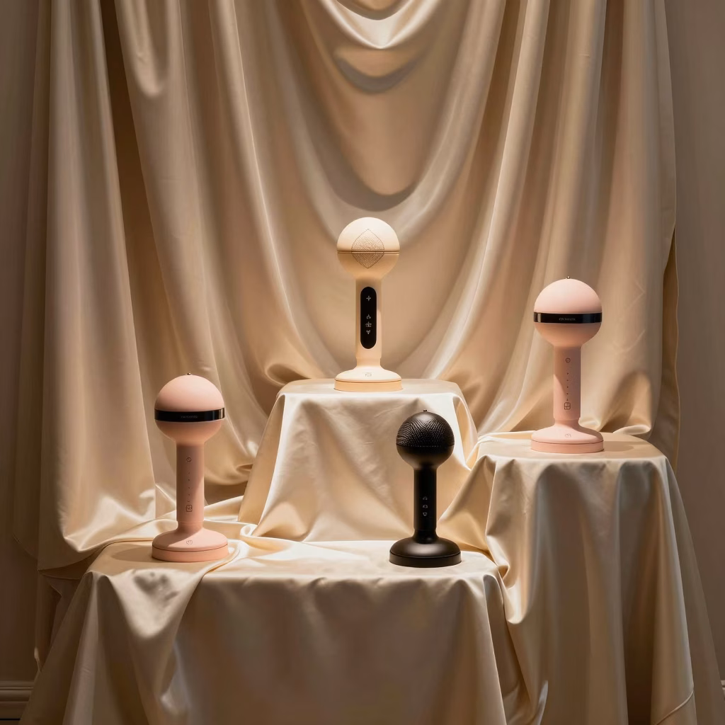 Présentation élégante et luxueuse de jouets pour adultes sur satin avec éclairage ambient professionnel