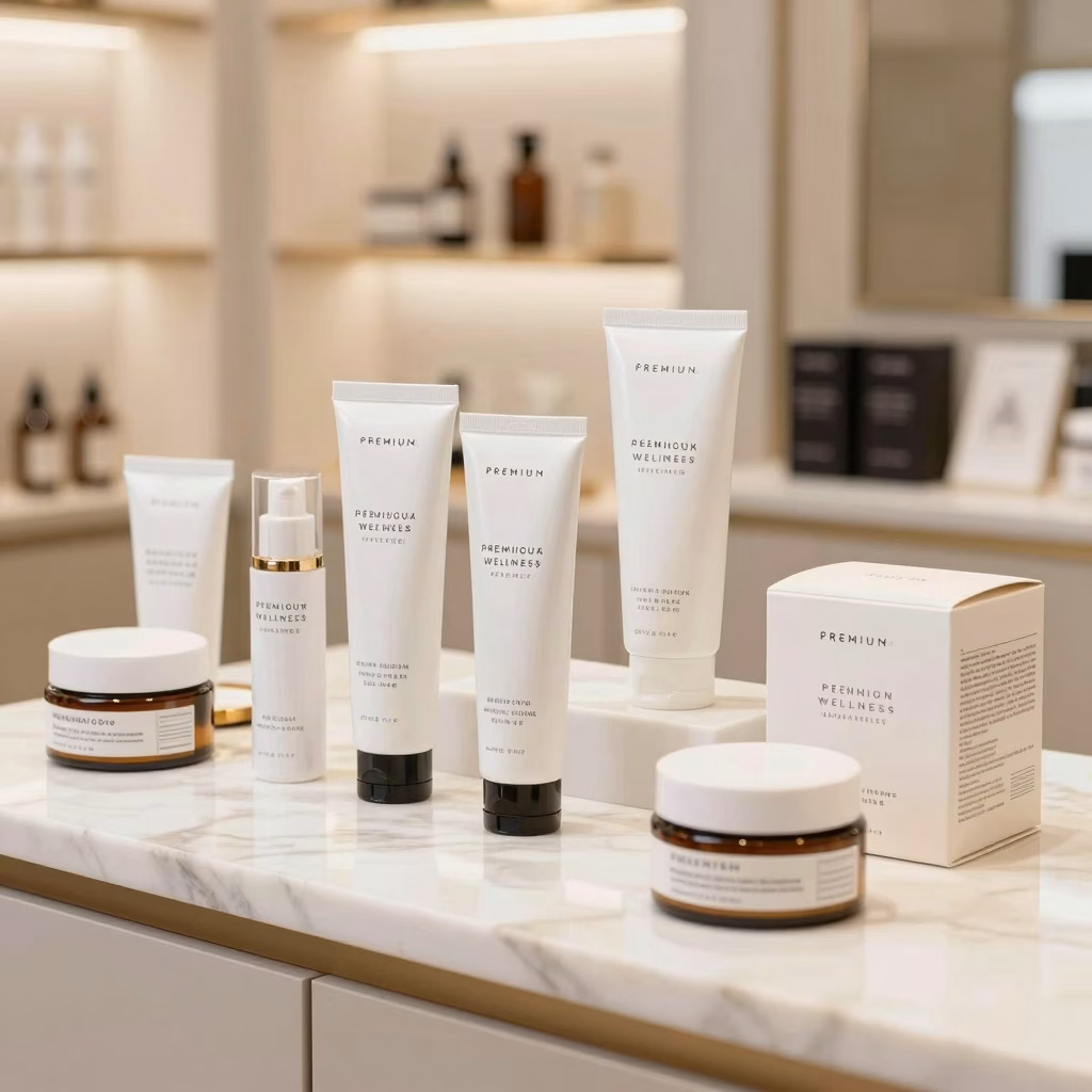 Produits de bien-être pour adultes arrangés sur marbre avec éclairage diffus sophistiqué et emballage premium