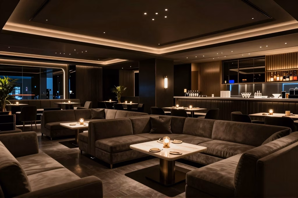 Ambiance raffinée d'un club libertin avec éclairage tamisé et décor élégant