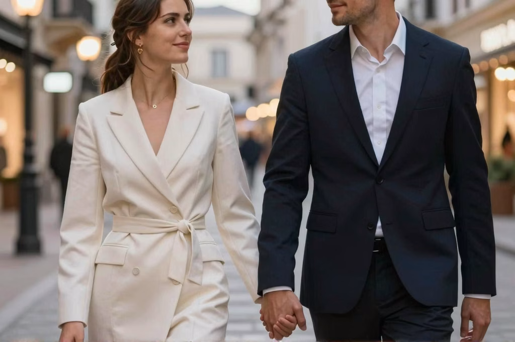 Couple libertin se promenant dans un quartier nocturne élégant