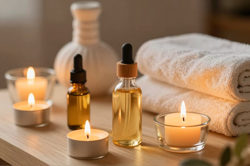 Préparation de l'espace sacré : huiles de massage naturelles, bougies et serviettes chaudes pour une séance tantrique