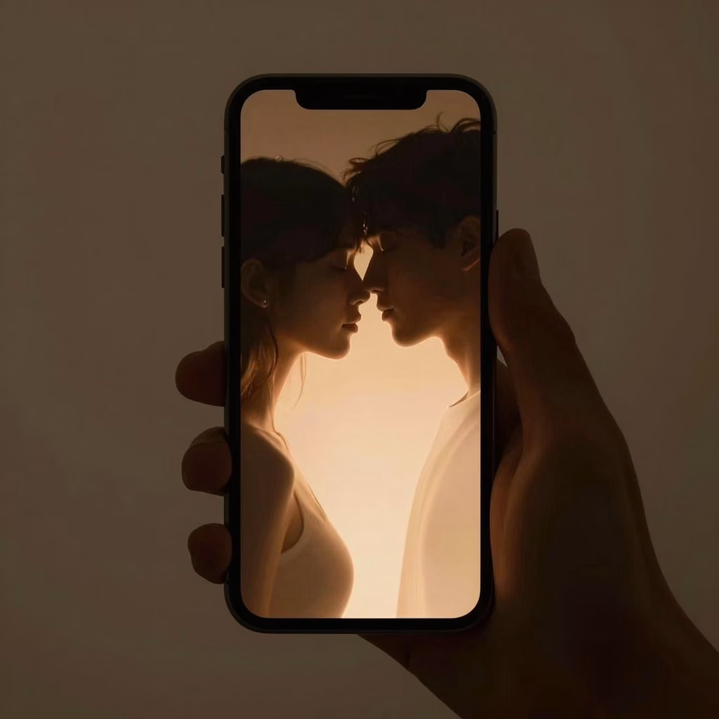 Concept abstrait d'intimité numérique montrant la lueur douce d'un smartphone dans l'obscurité avec une ambiance chaleureuse et minimaliste