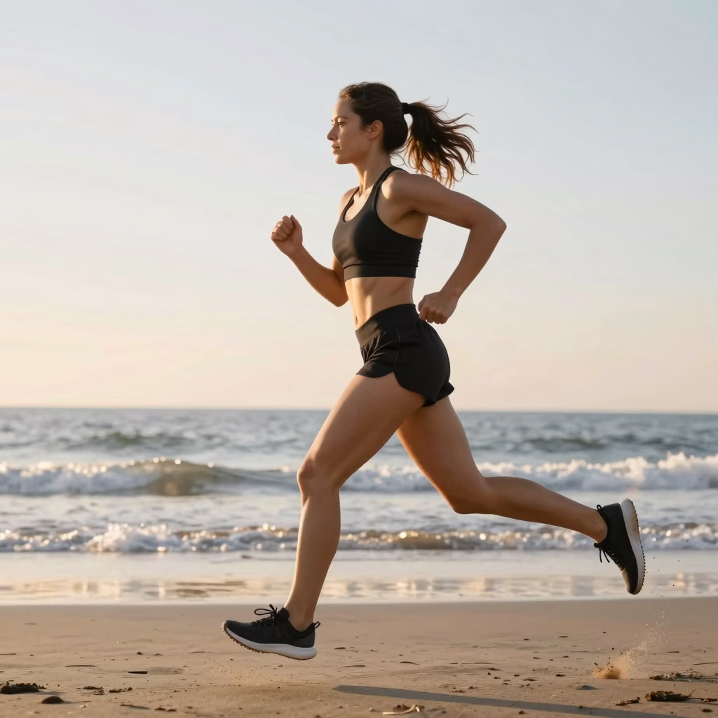 Personne en excellente forme physique courant sur une plage au lever du soleil, symbolisant la transformation et la motivation fitness