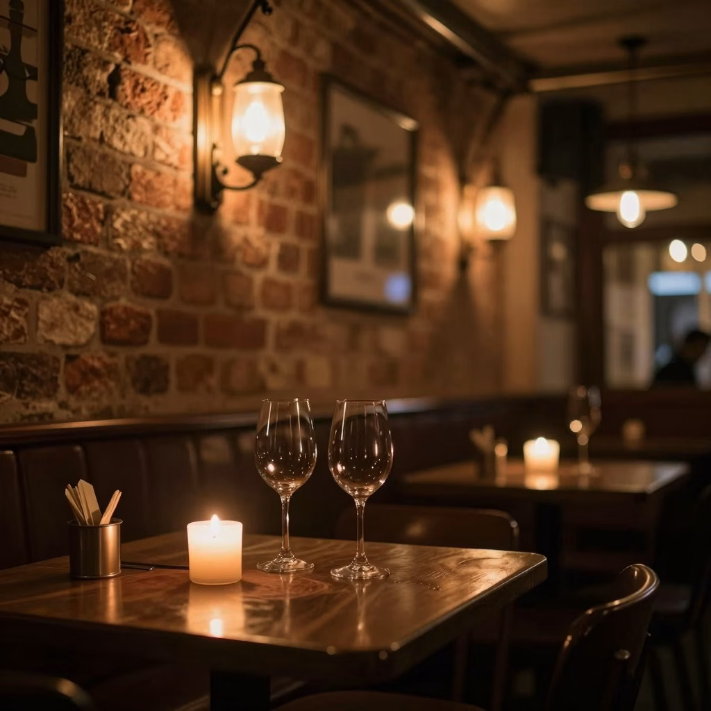 Bar intimiste à Lyon avec ambiance tamisée et briques apparentes