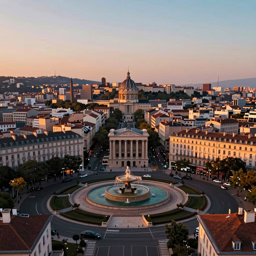 Vue aérienne de la Place Bellecour à Lyon au crépuscule