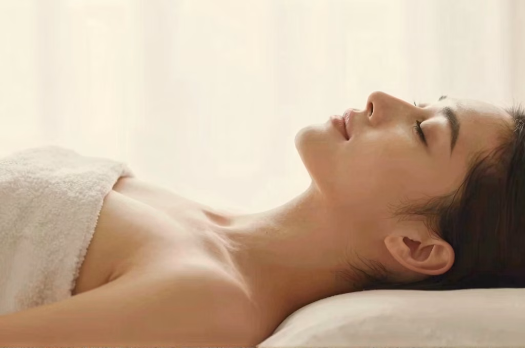 Femme sereine exprimant satisfaction et bien-être sensuel profond
