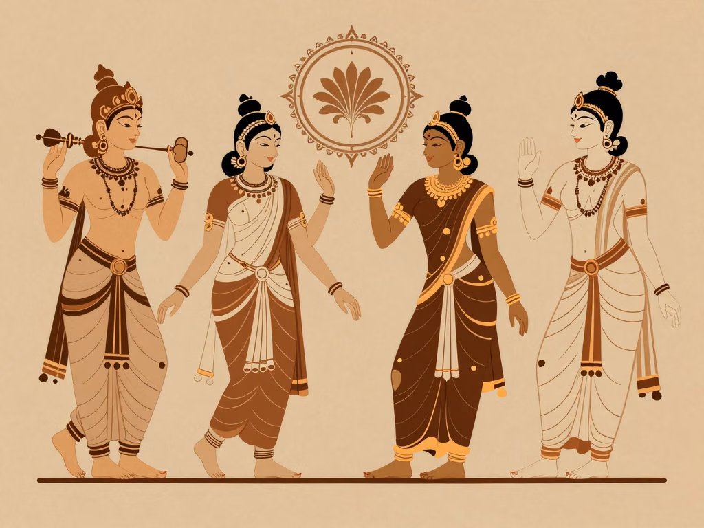Illustration artistique de positions du Kamasutra dans un style inspiré de l'art indien traditionnel