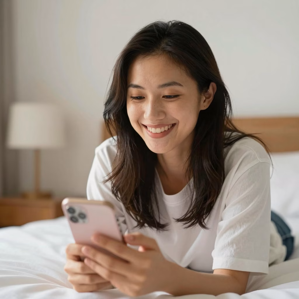 Femme souriante regardant l'écran pendant un appel vidéo, bonheur sincère, chambre moderne intime, connexion personnelle et authentique