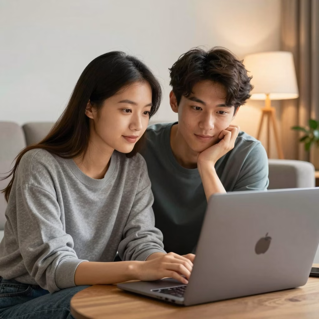 Couple européen en communication vidéo sur ordinateur portable, confiance mutuelle et conversation intime dans un salon moderne