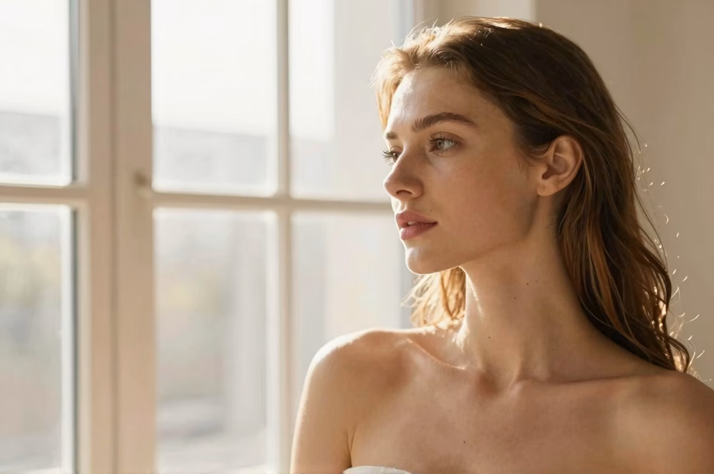 Femme confiante et détenue dans la lumière dorée du matin, symbolisant le bien-être et l'autonomie