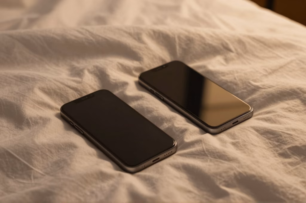 Deux smartphones sur soie dorée symbolisant la connexion digitale entre partenaires occasionnels