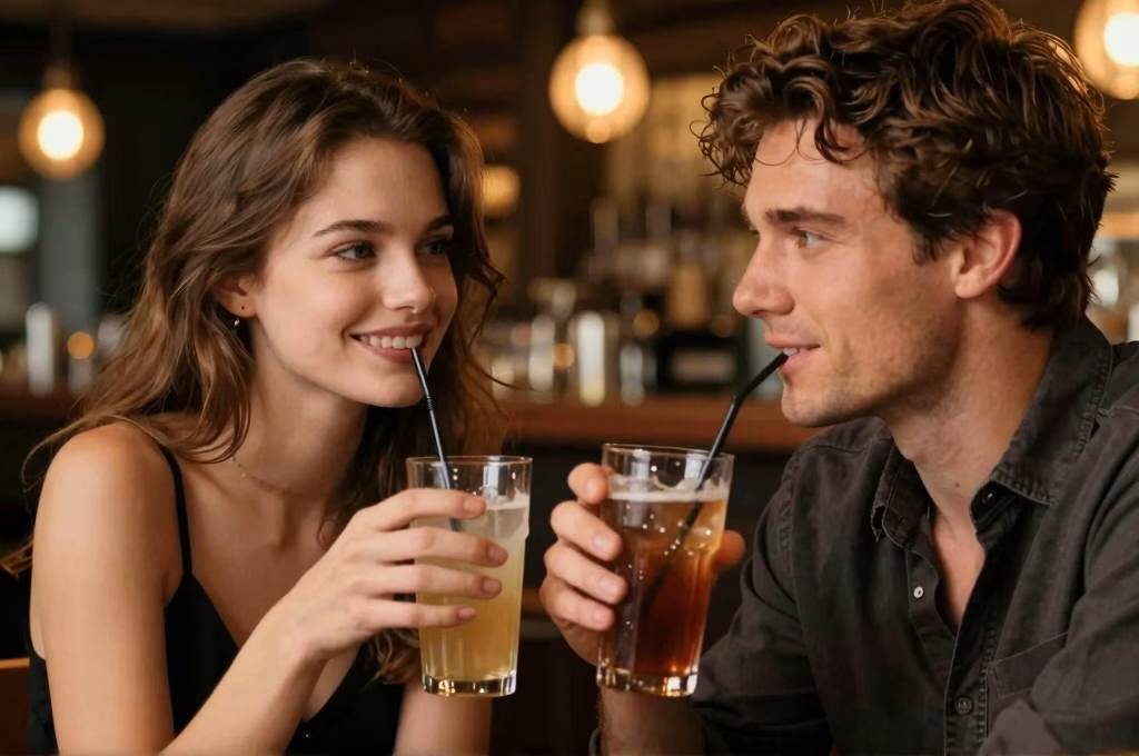 Couple attrayant partageant un verre dans une ambiance romantique casual au bar