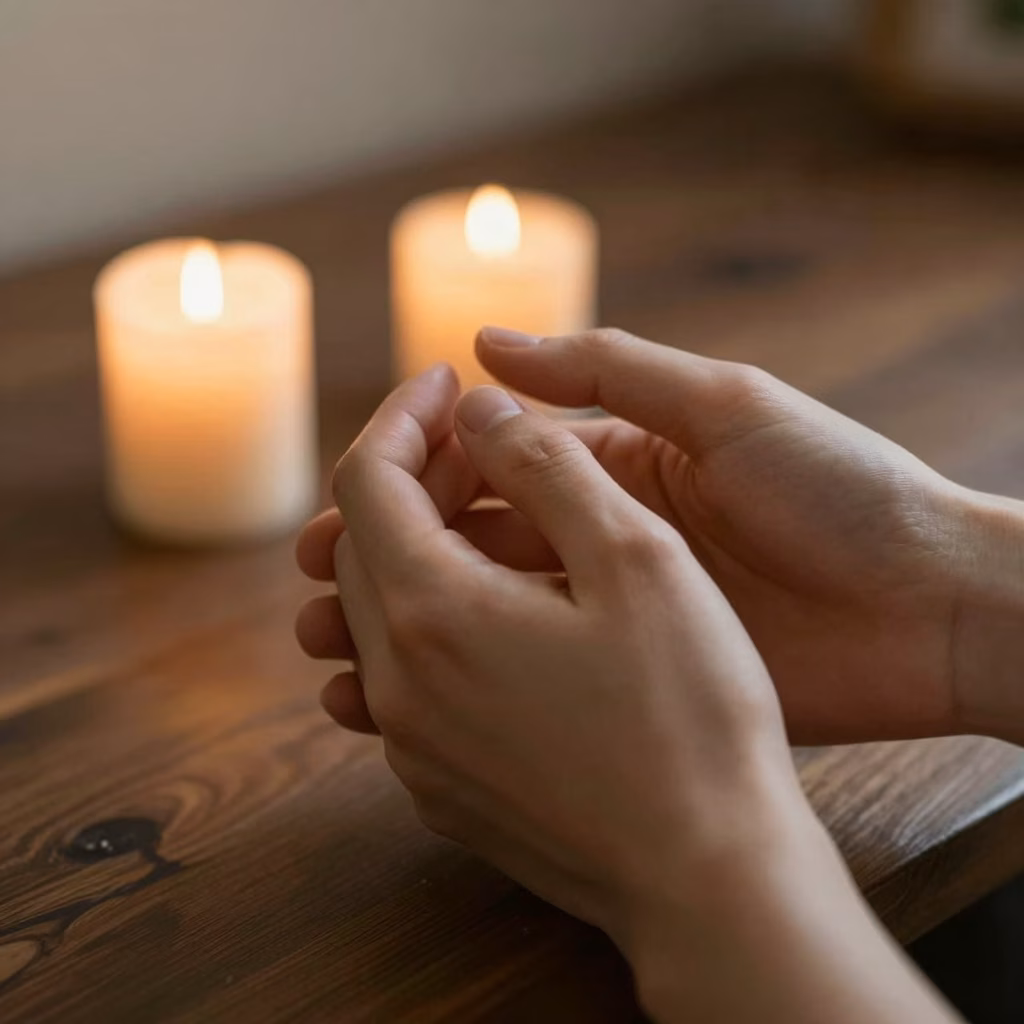 Deux personnes se tenant les mains avec tendresse à la lumière des bougies, moment de confiance et intimité BDSM